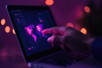 Futuristic Cybersecurity Concept with Glowing Maps on Laptop Screen