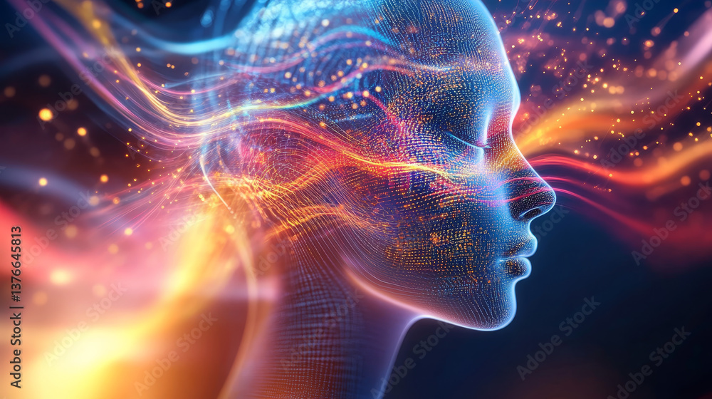 Poster big data cyber stream 3d illustration. rhythmic waves of electrical impulses in a neural network. so