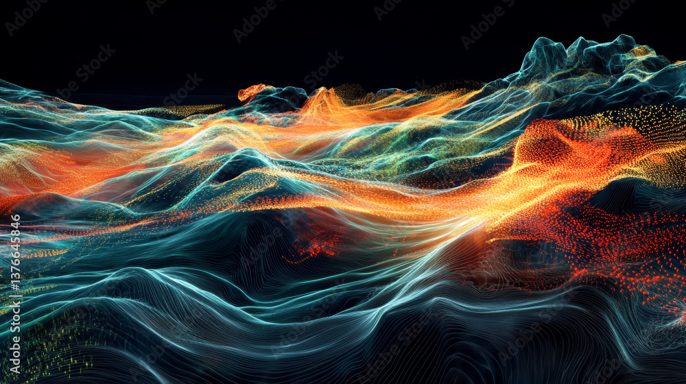 Poster big data cyber stream 3d illustration. rhythmic waves of electrical impulses in a neural network. so