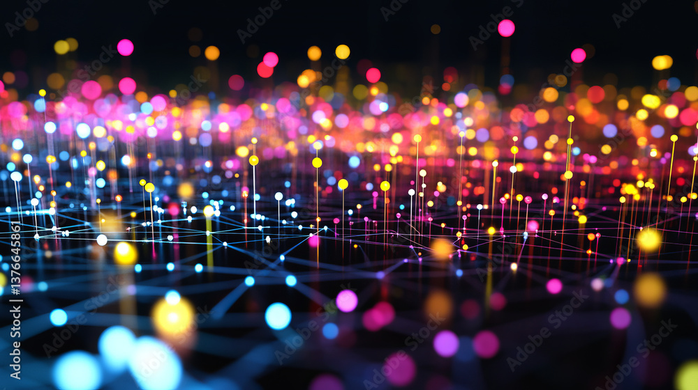 Poster blockchain technology. information blocks in cyberspace. decentralized network. 3d illustration on a