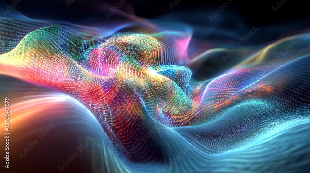 Poster big data cyber stream 3d illustration. rhythmic waves of electrical impulses in a neural network. so