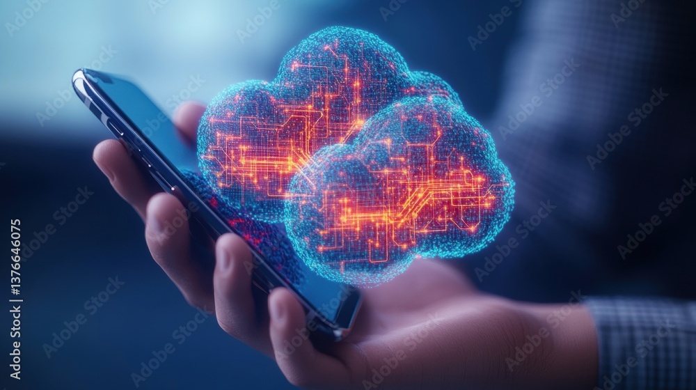 Poster close-up of hands holding smartphone with glowing interconnected cloud networks above, symbolizing c