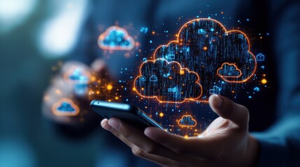 Close-up of hands holding a smartphone displaying holographic cloud computing systems interconnected with digital networks floating above it 150 characters