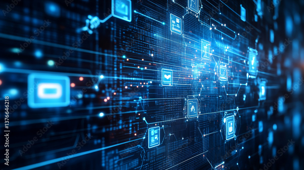Poster blockchain technology. information blocks in cyberspace. decentralized network. 3d illustration on a