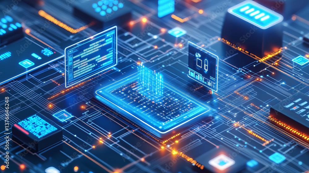 Poster blockchain technology. information blocks in cyberspace. decentralized network. 3d illustration on a