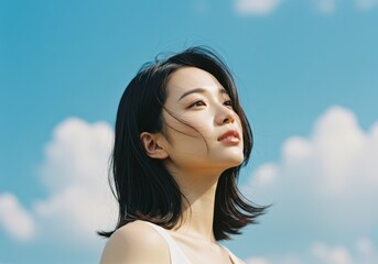 Portrait against a blue sky with clouds looking upward