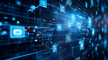 Fototapeta premium Blockchain technology. Information blocks in cyberspace. Decentralized network. 3D illustration on a technological background