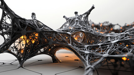 Bigdata 3D illustration. Visualization of neural connections in artificial intelligence. Abstract, high tech background with polygonal mesh elements