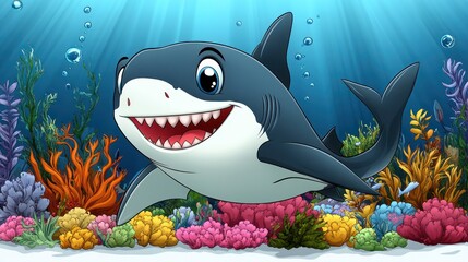 Naklejka premium Happy shark in vibrant underwater scene