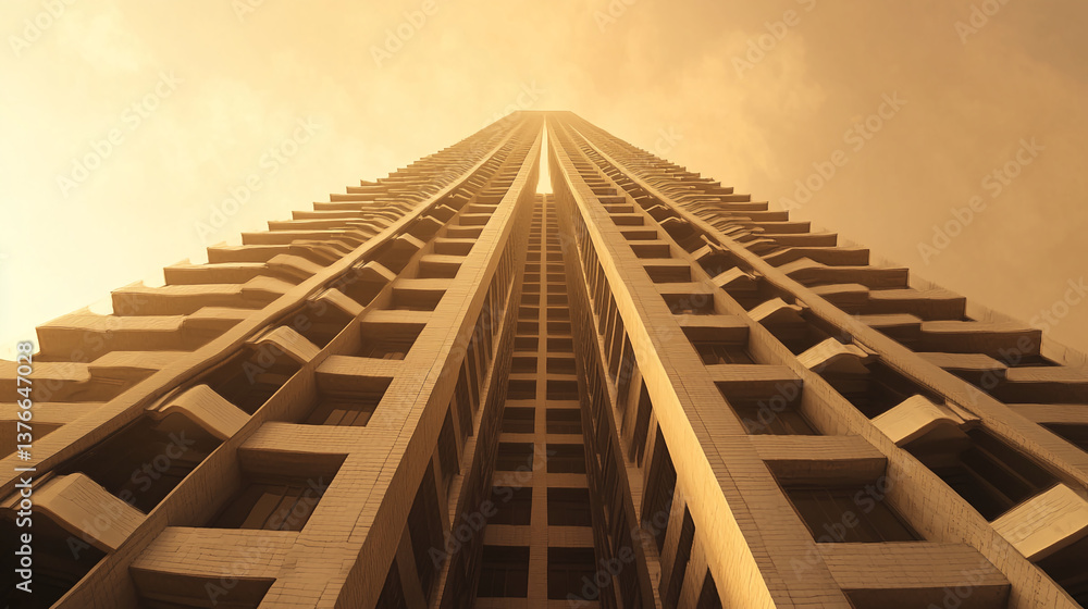 Poster Low-angle view of a tall beige building, showcasing its geometric structure and repeating patterns, symbolizing urban architecture and upward progress