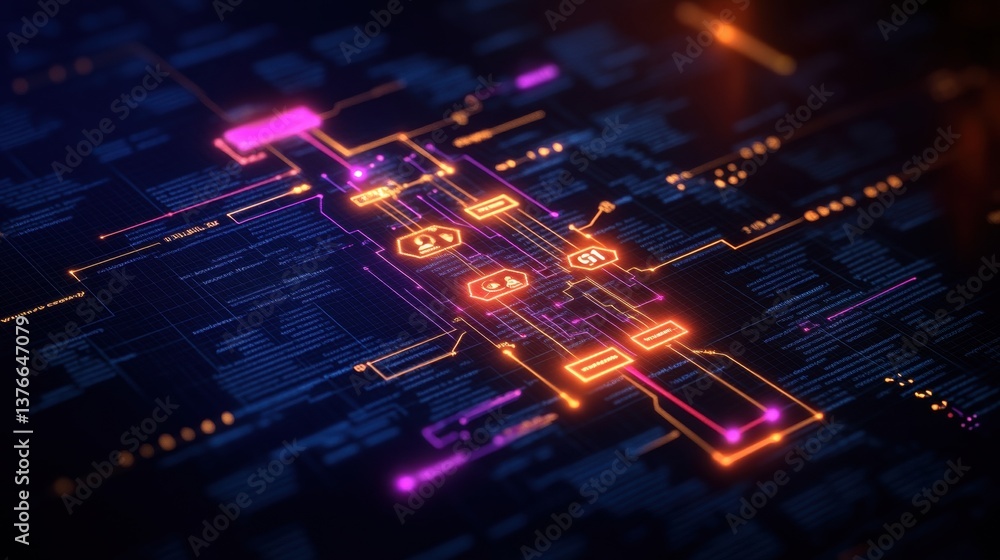 Poster abstract digital illustration showcasing glowing orange and pink lines and nodes across a dark blue 