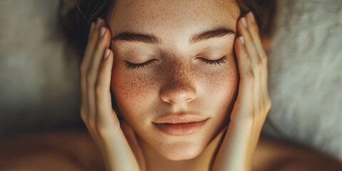 Naklejka premium Close-up of a woman's face, eyes closed, hands gently touching her temples, showcasing freckles and calm expression, symbolizing peace, serenity, and self-care