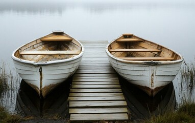 Obraz premium Rowboats Moored at Dock on a Misty Lake suitable for editorial use