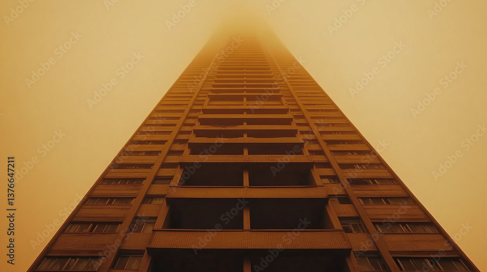 Poster Low-angle view of a tall building shrouded in orange fog, creating a dramatic and imposing atmosphere, showcasing architectural design in hazy conditions