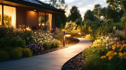 Fototapeta premium A picturesque winding paved pathway lit by outdoor lights meanders through a vibrant garden next to a modern house at twilight with blooming flowers