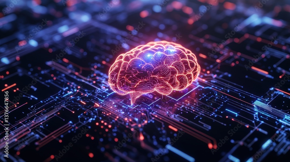 Poster a stylized glowing red and blue human brain resting atop a complex illuminated circuit board symboli