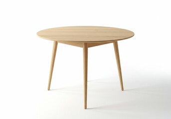 A minimalistic wooden round table with clean lines standing on a white background