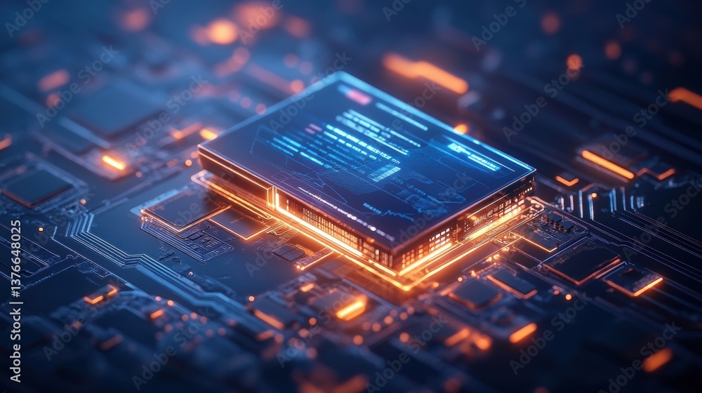 Aufkleber close-up of a futuristic microprocessor with glowing blue code on dark circuit board featu illuminat