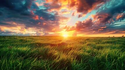 Panoramic View of Lush Green Grass Field Under Vibrant Sunset Sky with Colorful Clouds &ndash; Serene Landscape Perfect for Nature and Scenery Lovers

