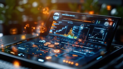 Close-up View of a Futuristic Laptop with Dynamic Graphs and Data Visualizations in Blue and Orange Shades on a Blurred Background for Tech Aesthetics