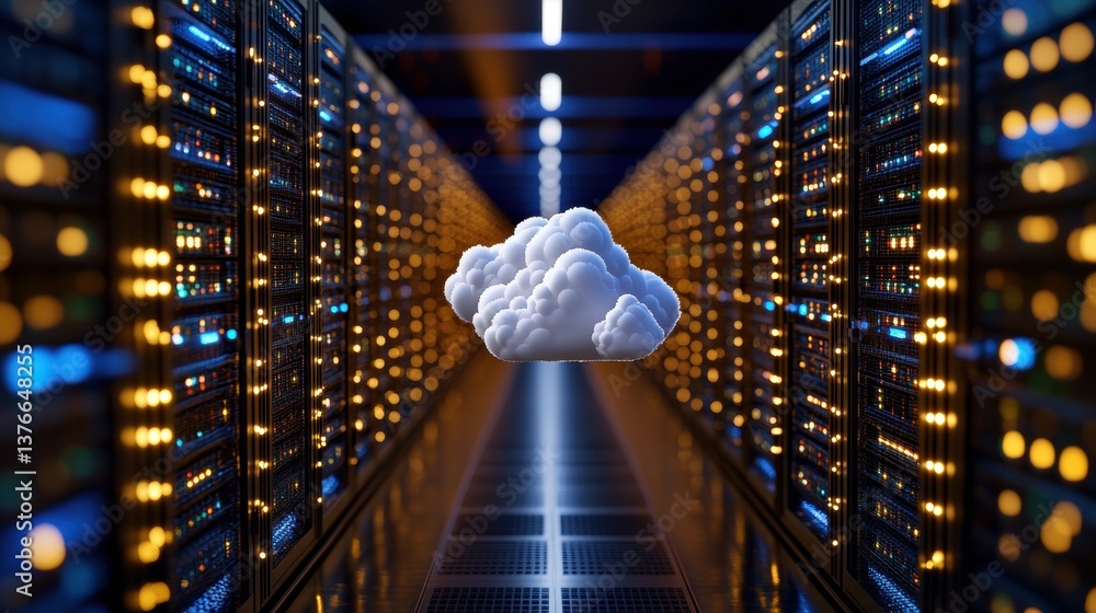 Poster a fluffy white cloud floating above illuminated server racks in a long, dark server room representin