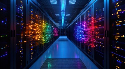 Fototapeta premium A brightly lit server room showcasing rows of servers with vibrant multicolored lights reflecting beautifully on the polished floor beneath them.