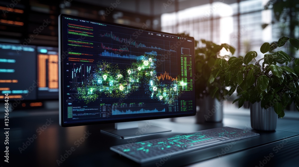 Poster a modern desktop computer showcasing complex data visualization graphics and financial market trends
