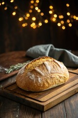 Fototapeta premium Freshly Baked Bread on a Wooden Board With Warm Lights Generative AI