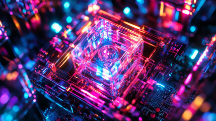 Obraz premium Glowing hexagons in abstract technological 3D illustration. The concept of a quantum computer. The computing machines of the future in the global decentralized network