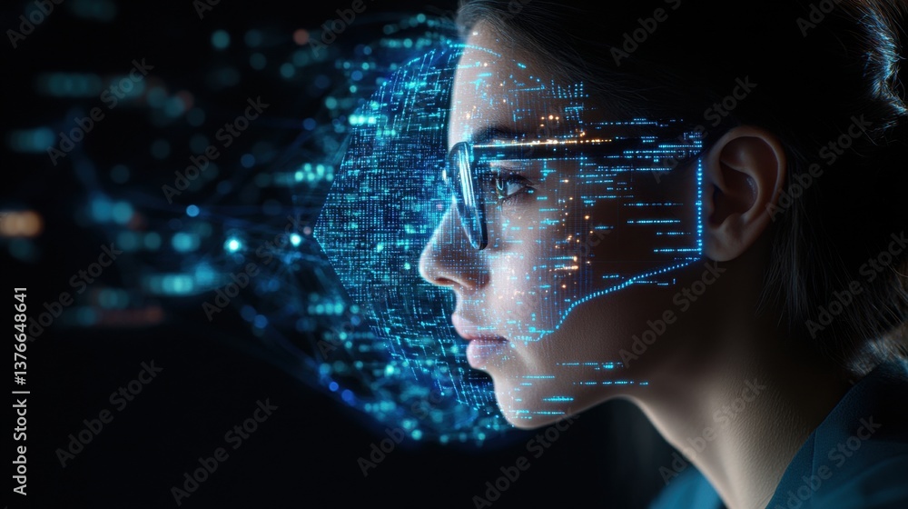 Aufkleber a close-up profile view of a woman with glasses illuminated by a translucent holographic projection 