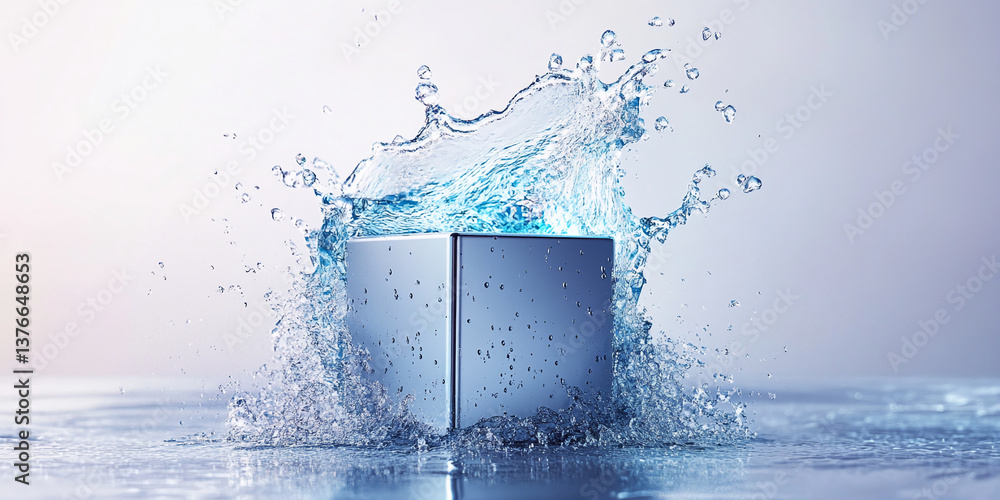 Aufkleber blue water splash over metallic cube mockup, creating dynamic and refreshing visual, showcasing prod