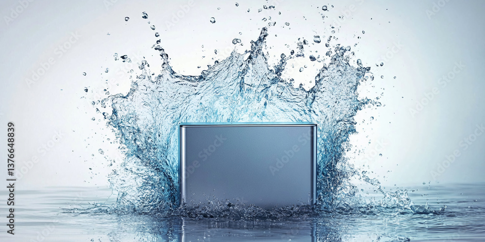 Poster square metallic box submerged in water, causing a dramatic splash effect. showcase for product displ