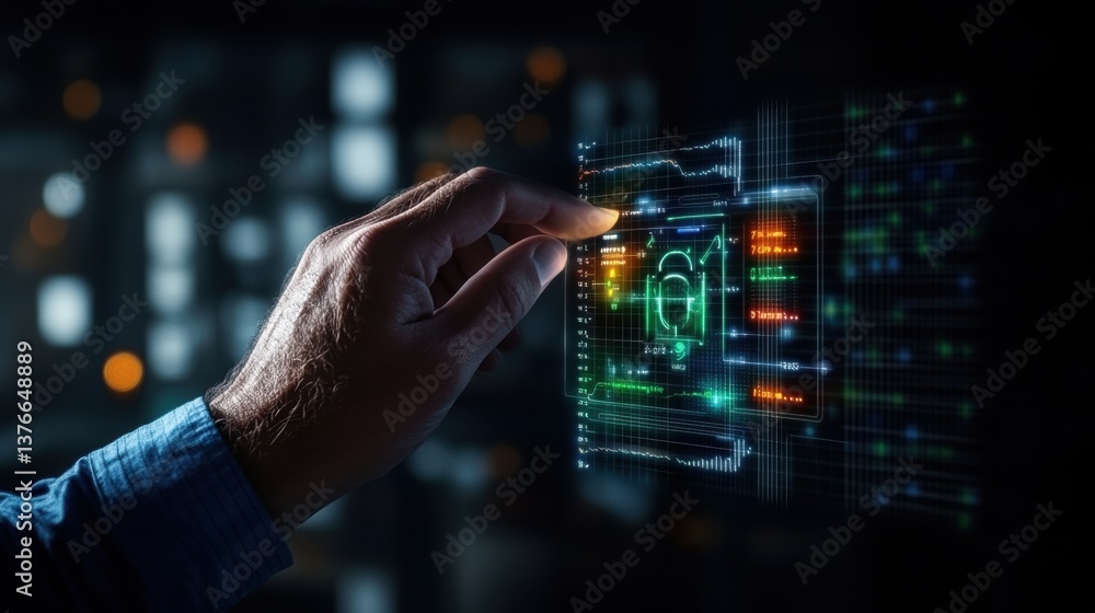Aufkleber a hand reaches out to engage with a futuristic holographic interface showcasing vibrant digital data