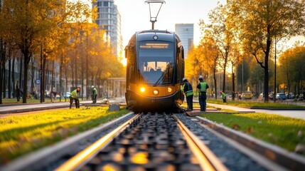 Obraz premium Modern city tram on newly laid tracks at sunset with workers in high-visibility vests showcasing urban transportation and infrastructure development efforts