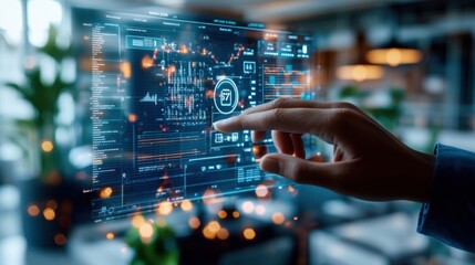 A hand engages with a transparent digital interface featu complex graphs, icons, and data points in a blurred modern interior setting showcasing innovation
