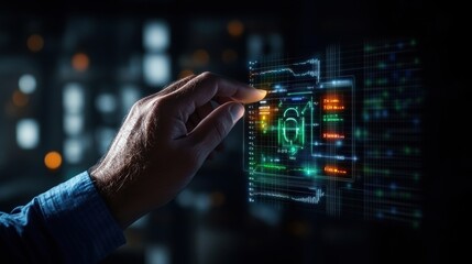 A hand reaches out to engage with a futuristic holographic interface showcasing vibrant digital data and numbers against a dynamic city lights backdrop