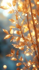 Close-Up Of Golden Leaves Shimmering With Bokeh Effect

