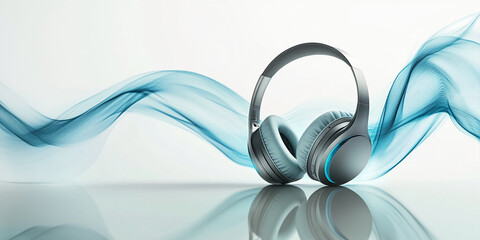 Sleek silver headphones rest on a reflective surface, set against abstract blue waves, showcasing audio technology and soundwave concept, ideal for music or tech advertisement
