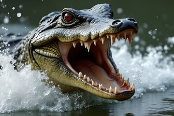 Obraz premium Powerful Gharial Bite: Dramatic Motion & Ultra-Realistic Textures in Extreme Close-Up