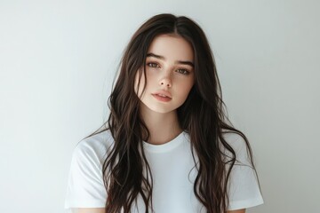 Obraz premium Portrait of a woman in a white t-shirt, isolated on white. High-resolution photo with focus on face and eyes, ideal for design templates or marketing materials.