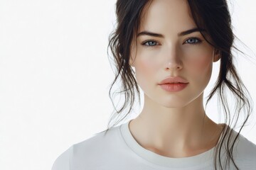 Fototapeta premium Portrait of a woman in a white t-shirt, isolated on white. High-resolution photo with focus on face and eyes, ideal for design templates or marketing materials.