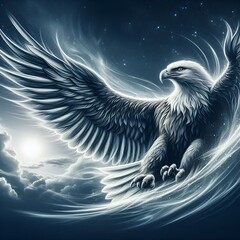 A mystical scene of an eagle in flight, its form illuminated by a celestial light source against a dark, starry sky.