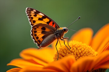 Fototapeta premium Breathtaking Macro Shot: Butterfly Over Vivid Flower, Intricate Patterns, Shallow Depth of Field, Soft Bokeh, National Geographic Quality