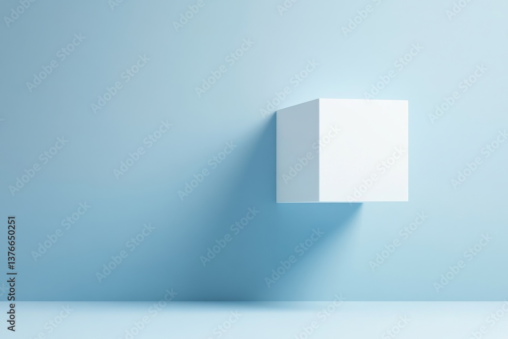 Poster floating white cube against a light blue backdrop creates a minimalist and modern aesthetic in an ar