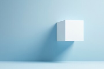 Floating white cube against a light blue backdrop creates a minimalist and modern aesthetic in an artful space