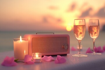 Romantic Beachfront Sunset with Vintage Radio, Candlelight, and Champagne Glasses