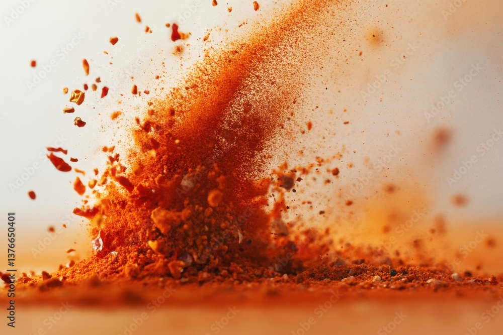 Poster Vibrant red spice bursts into a cloud of fine particles in a dramatic display of color and texture in a culinary setting