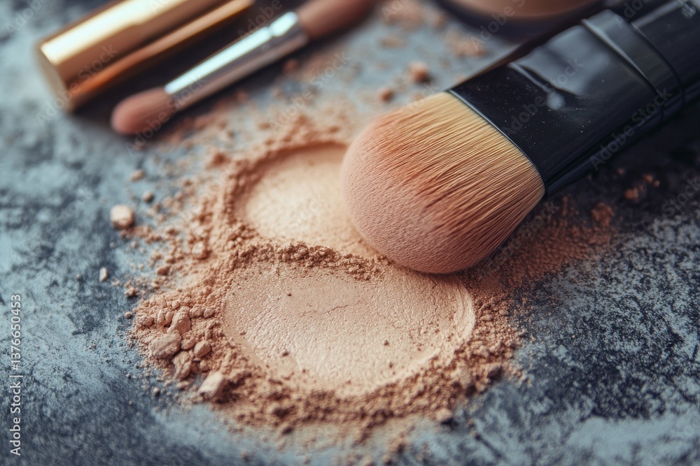 Poster makeup application process with foundation, brush, and tools on a textured surface in a bright envir