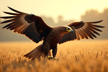 Obraz premium Majestic Snake Eagle Soaring Over Golden Wheat Fields - Ultra-Detailed 8K UHD Realism