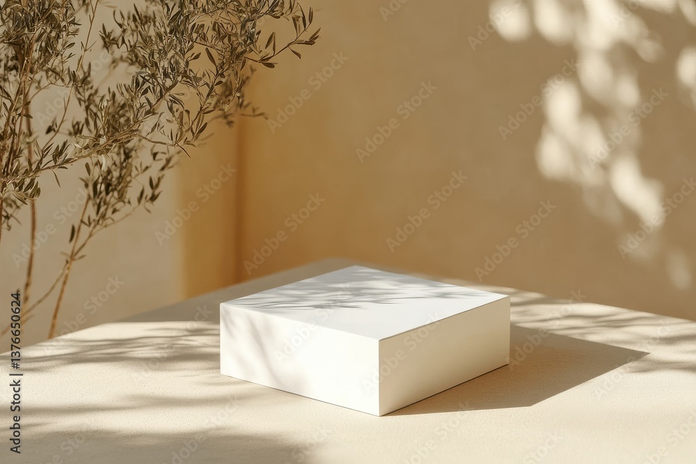 Poster minimalist white box on a table with soft shadows and plant leaves during afternoon light